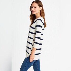 Cathy Daniels Womens Sweater White Navy Striped 3/4 Sleeve Small Button Nautica